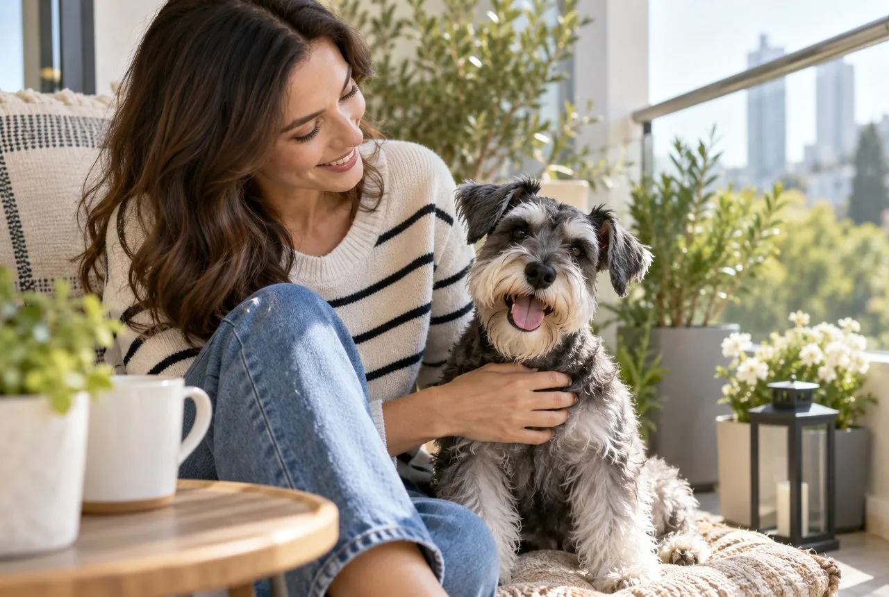 Miniature schnauzer sitting beside an owner on a patio